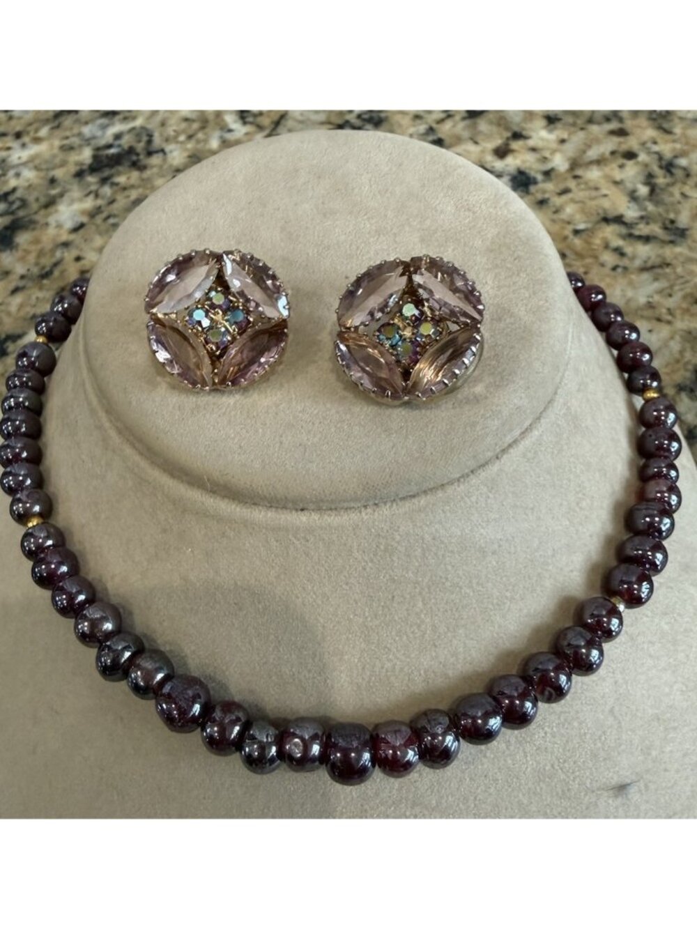 Amethyst Art Glass Necklace & AB/Purple Stone Earrings Vtg